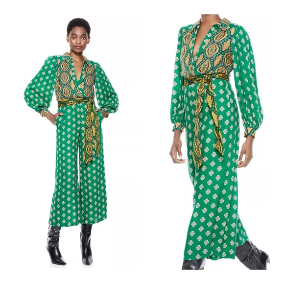 Alice + Olivia Pants - ALICE + OLIVIA Green Olsen Wide Leg Jumpsuit